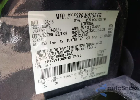 2015 Ford F-250 Lariat from USA, damaged, VIN 1FT7W2B60FED37743